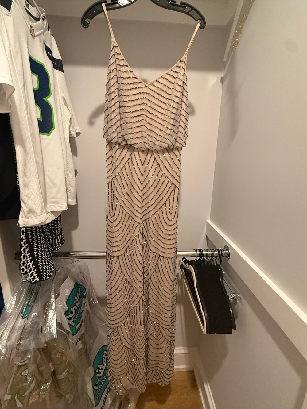 Adrianna Papell Champagne Beaded Maxi Dress